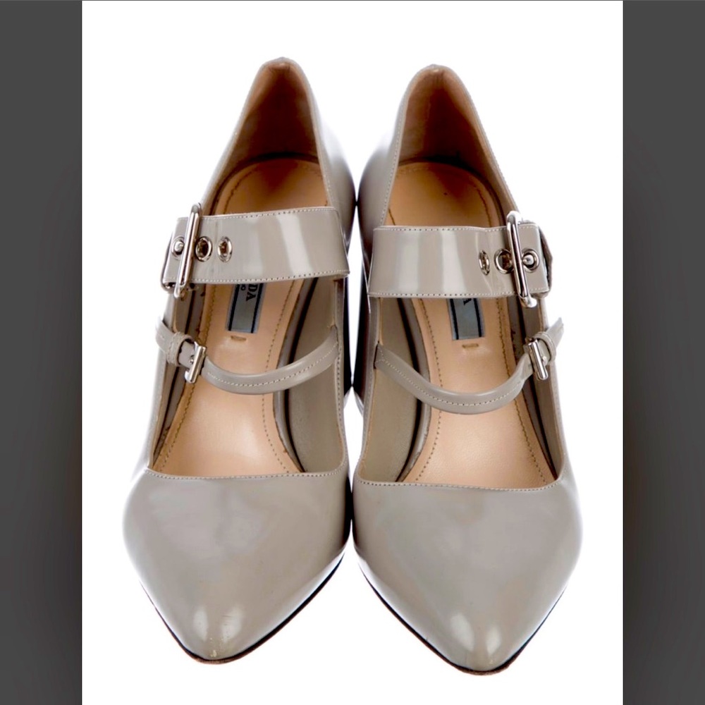 Prada Rich Grey Block Heeled Pumps.  Size 37.5